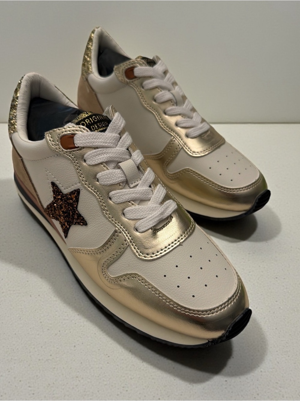 Vintage Havana White Leather Sneakers with Gold Accents and Glitter Star